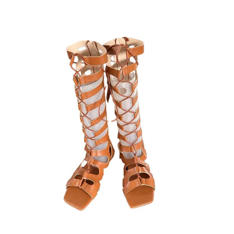 Mode Gefühl hohl skinny offene Zehe Stiletto High Heel Metallnieten Reißverschluss hinten Römerstiefel