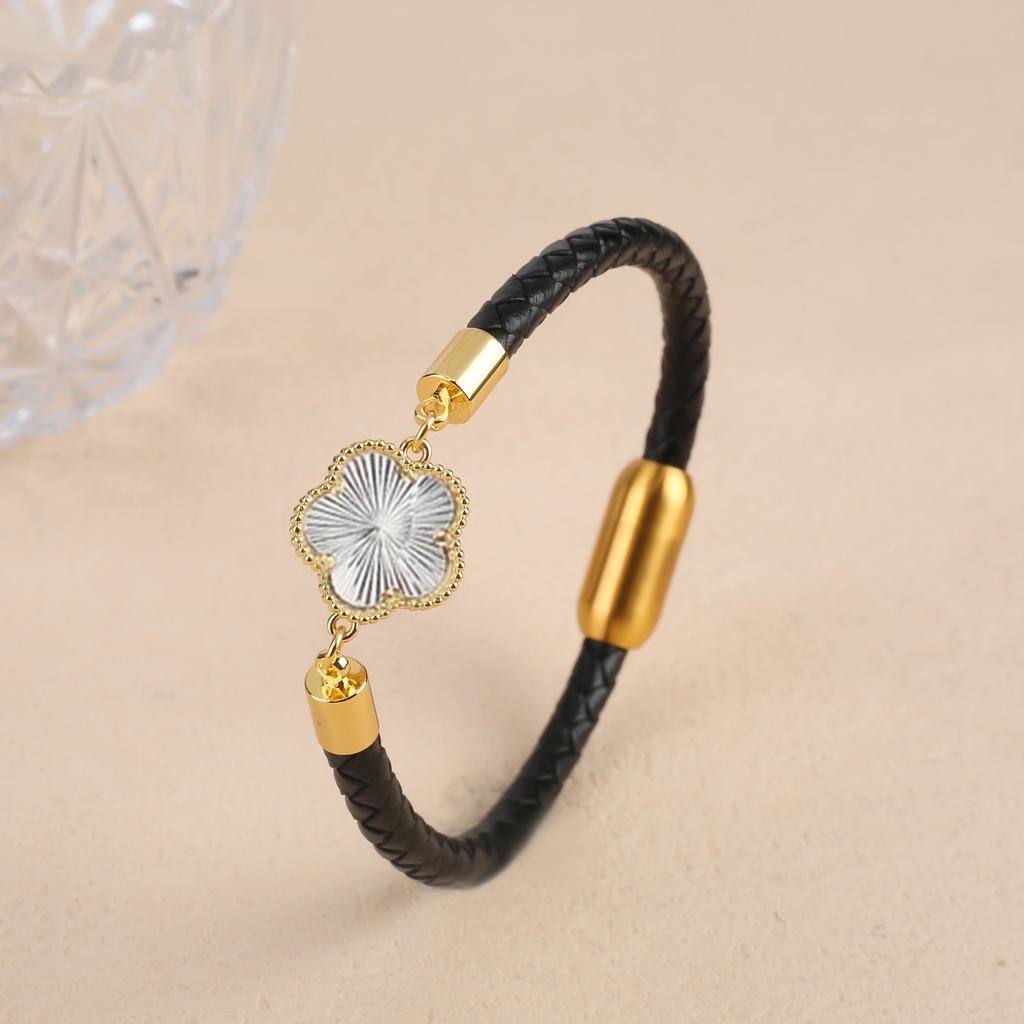 Simple Five-Leaf Flower Leather Braided Bracelet Natural Stones Clover Stainless Steel Bangle For Women Party Daily Wear Jewelry