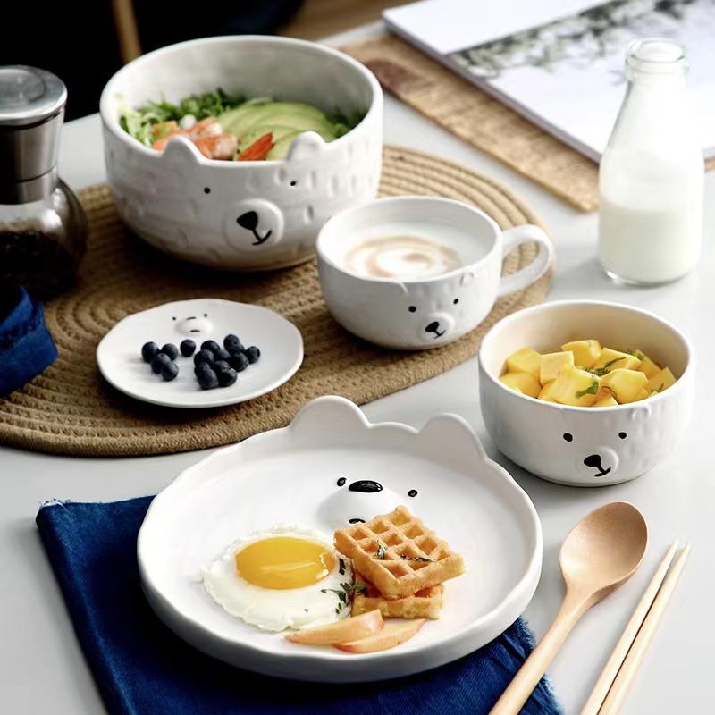 Cute Animal Bowl Cake Dish Large Salad Soup Pasta Bowl Coffee Mug Milk Cup Ceramic White Dinner Plates Set Cute Dishes Set Korea