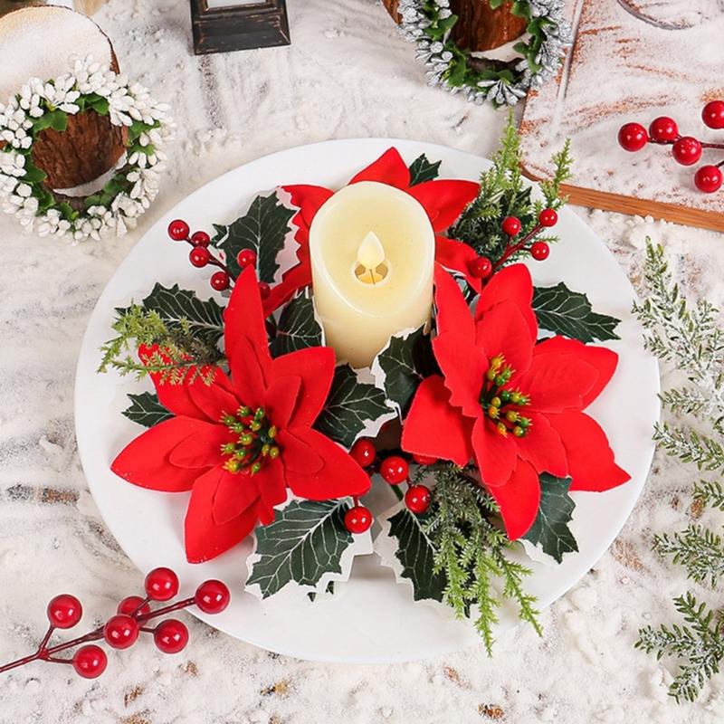 Holiday Elegant Centerpiece Flower Wreath Desktop Candle Stick Decoration For Christmas, 5Pieces Set
