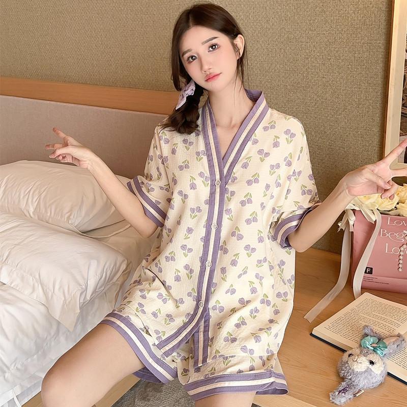 Pajamas Women's Summer Bubble Cotton V-Neck Large Size Thin Short Sleeve Cute Small Flower Comfortable Crepe Girl Loungewear Set