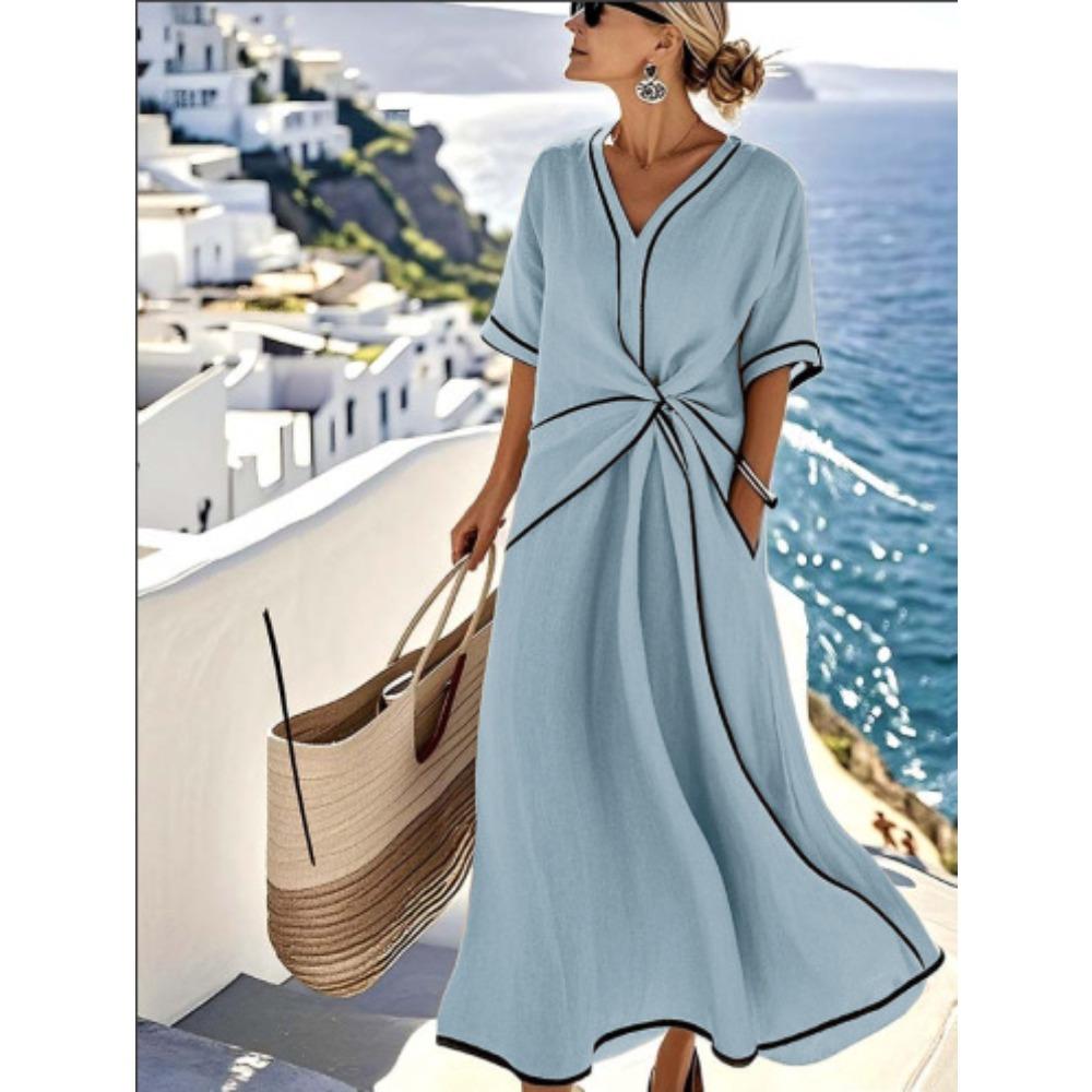 European and American V-neck women s fashion and elegance temperament commuter women s printed striped dress printed women S синий