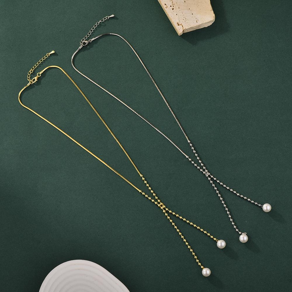 Pearl Pendant Titanium Steel Necklace Women'S Light Luxury Premium Sense K Gold Plated Fashion Sweater Tassel Clavicle Chain Women