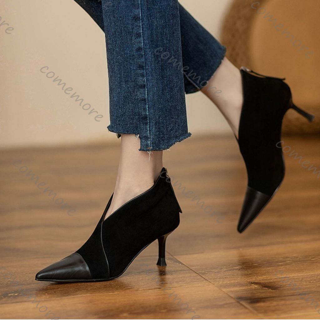 Fashion Comemore Suede High-heeled Boots Spring Autumn Women Shoes Solid Elegant Pointed Toe Splicing Retro Heeled Ankle Boots for Women