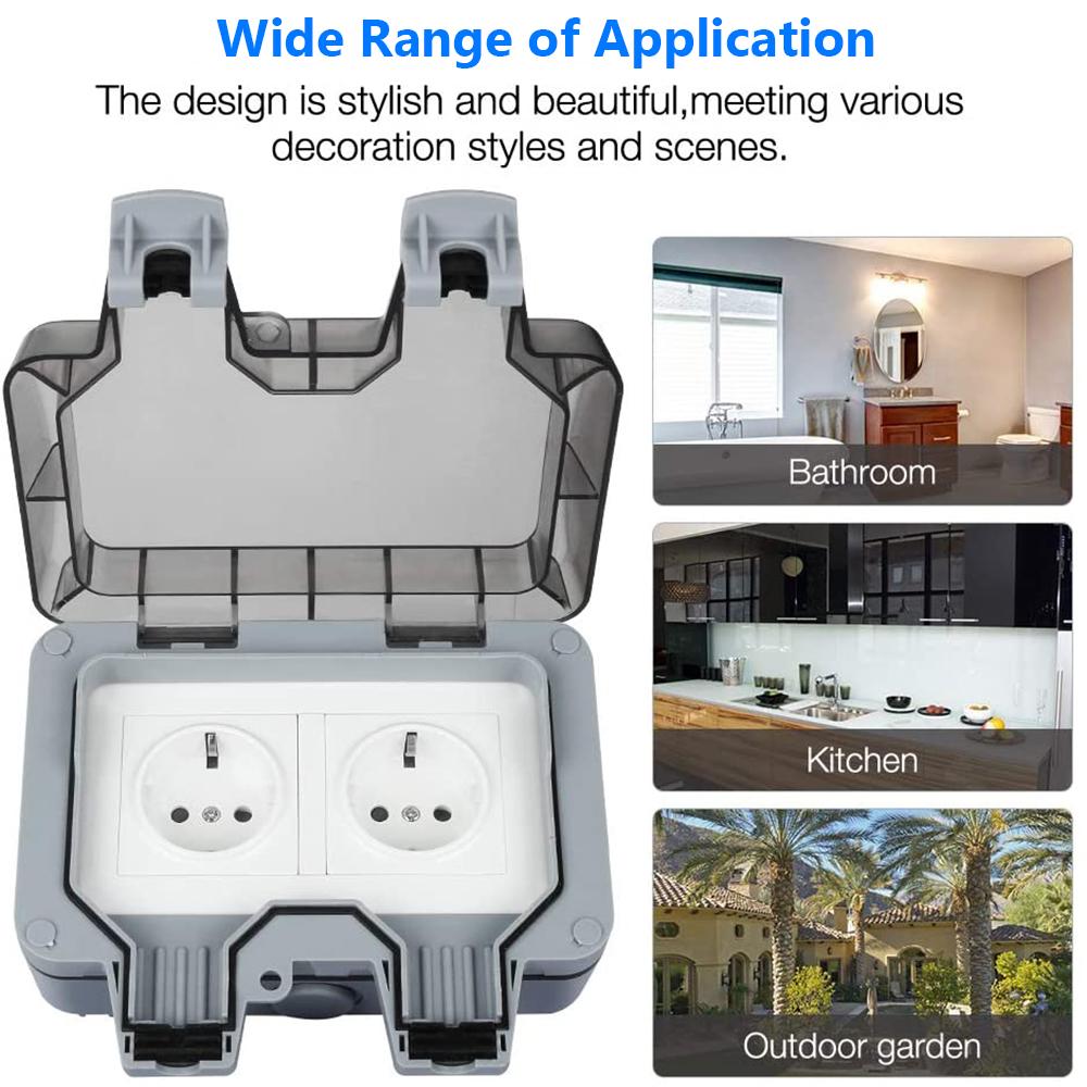 16A Outdoor Switched Waterproof Socket Wall Electrical Power Outlet Dual USB Ports 2 Gang