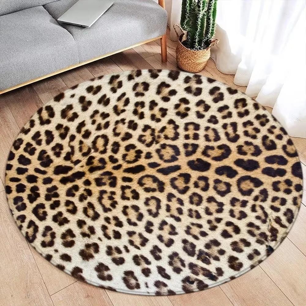 Brown Leopard Print Round Carpet Fashion Animal Fur Pattern Woman Girl Living Room Bedroom Flannel Floor Rugs Home Decorative