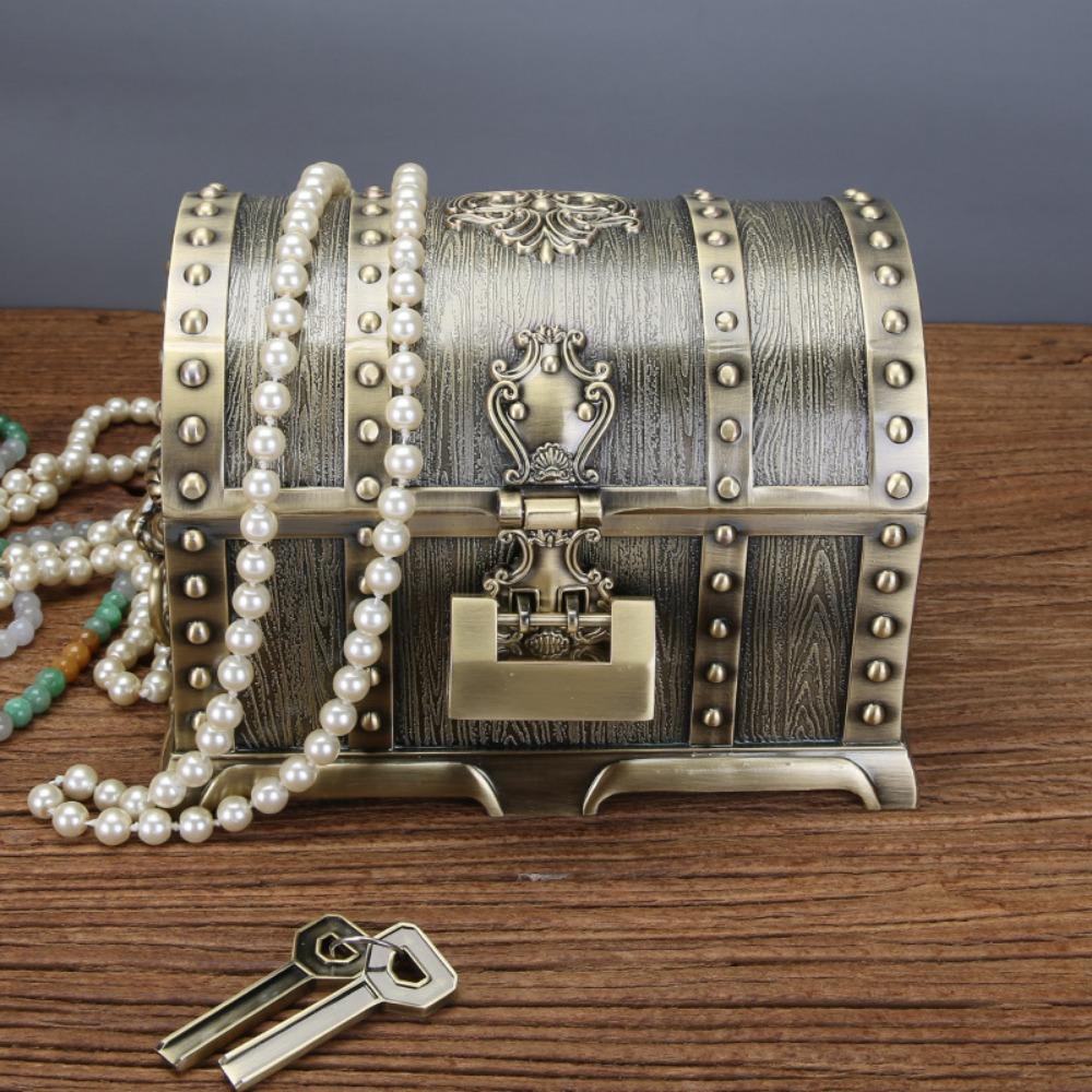 Pirate Jewelry Box Large Vintage Chinese Wedding Celebration Pearl Treasure Box Alloy Handmade Jewelry Storage Box with Lock