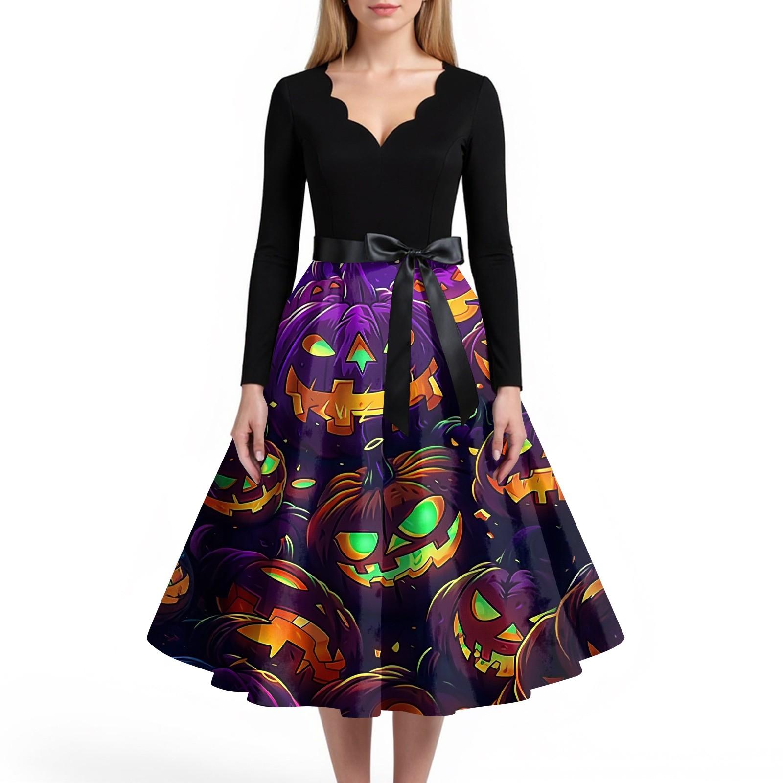 

Женское повседневное и модное платье с V-образным вырезом и длинными рукавами с принтом на Хэллоуин XXXL