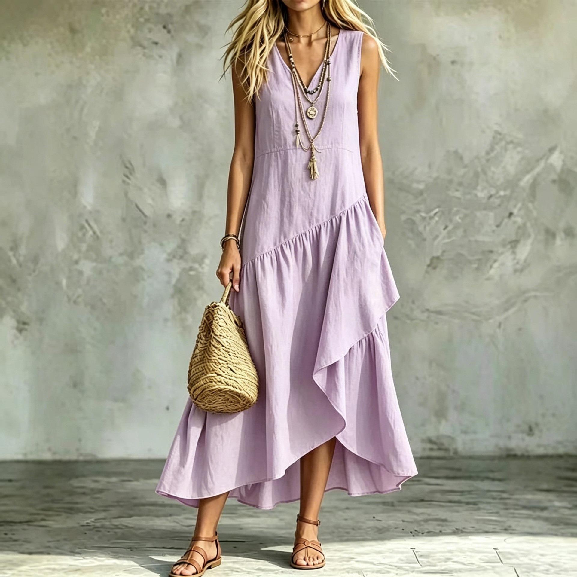 2026 Summer New TK SHEIN French Sleeveless Dress Ruffle V-Neck Irregular Long Dress S светло-фиолетовый