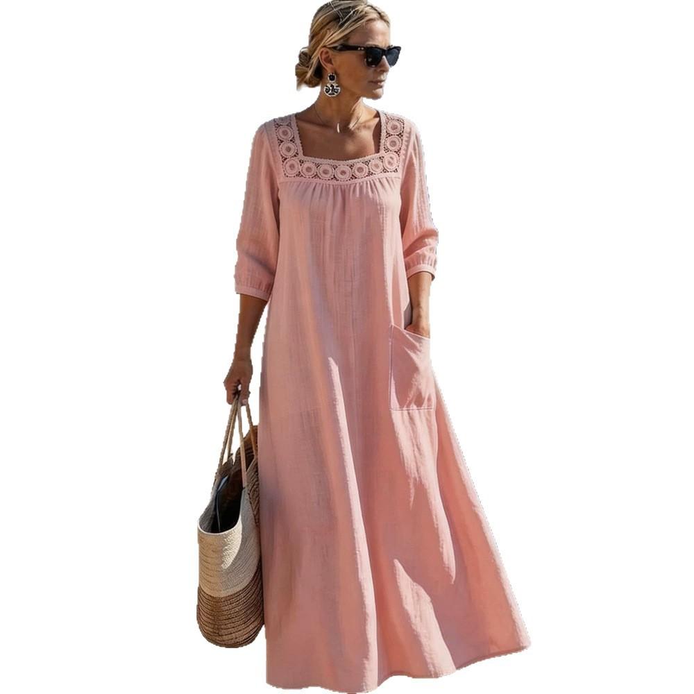 2026 new women's clothing, casual square collar 7-point sleeve cotton and linen solid color women's dress