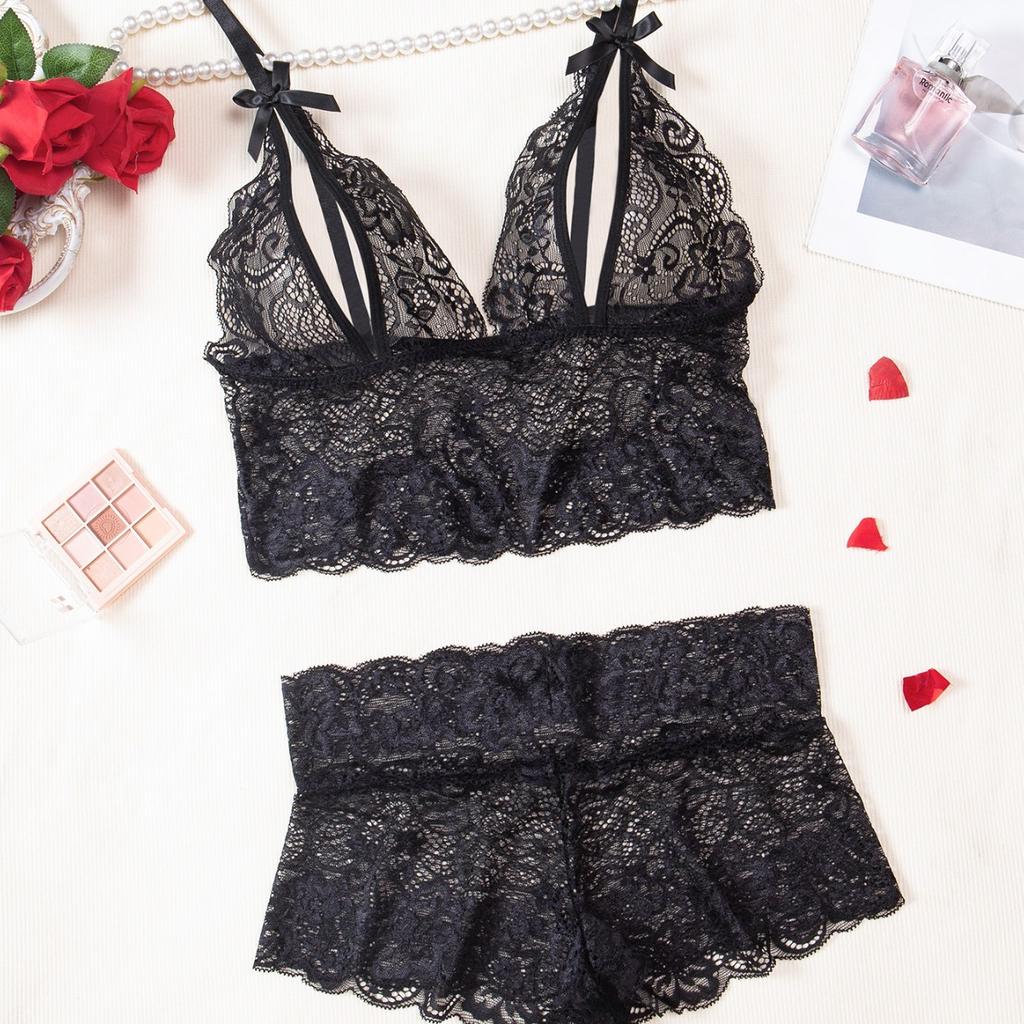 Explosive lace suspender sexy underwear set deep V milk