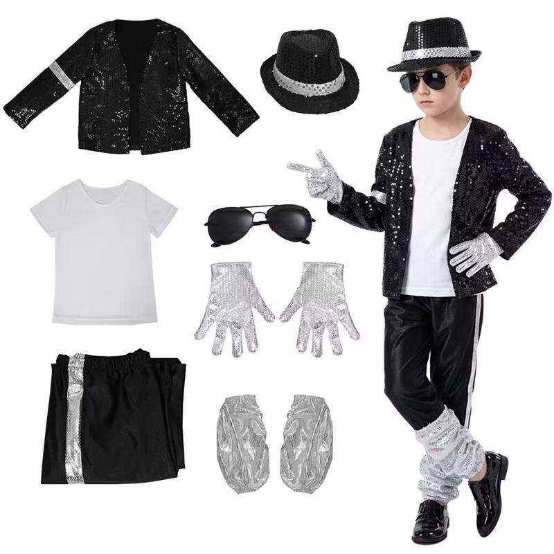 Kids Boys Michael Jackson Cosplay Birthday Party Dance Performance Costume Children Halloween Party Pop Star Outfits Full Set
