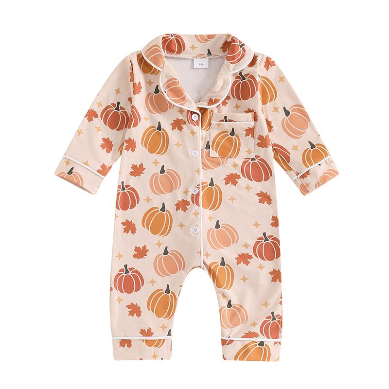 Infant Newborn Baby Girl Halloween Sleeping Romper Ghost/Pumpkin Print Lapel Long Sleeve Button Down Jumpsuit