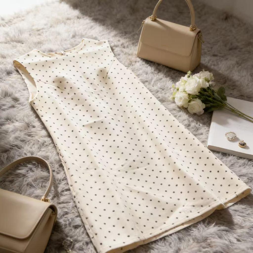 Vintage Polka Dot Round Neck Sleeveless Vest Dress Short Skirt Women's Summer New Back Hollow Straight Skirt Small Man