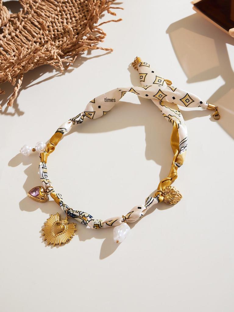 Qiong Yao Multi-Pendant Pearl Silk Scarf Necklace with Stainless Steel Clavicle Chain