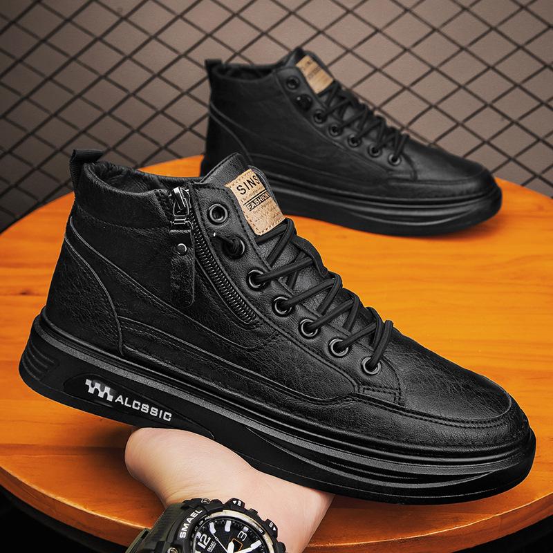 High-top men's shoes winter velvet warm cotton shoes men's casual leather shoes leather surface waterproof middle top