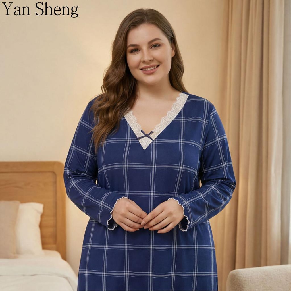 Women Nightgown Milk Silk Plaid Long Sleep Robe Plus Size Loose Long‑Sleeve Loungewear for Spring Autumn