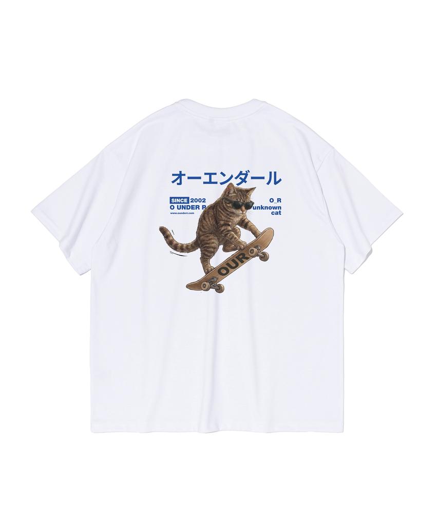 OUNDERR Skate Cat Graphic Short Sleeve T-Shirt (White)