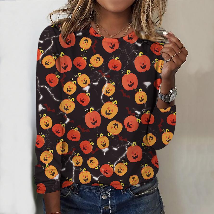 2025 Autumn & Winter Women's New Casual Crew Neck Long Sleeve Top 3D Halloween Pattern Ideal Halloween Christmas Gift