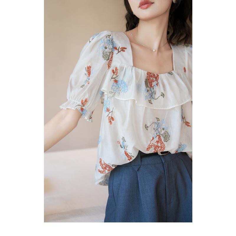 Mishow Women's Blouse 2023 Summer New Embroidery Puff Sleeve Chiffon Korean Fashion Square Collar Loose Pullover Female Tops MXC38X1278