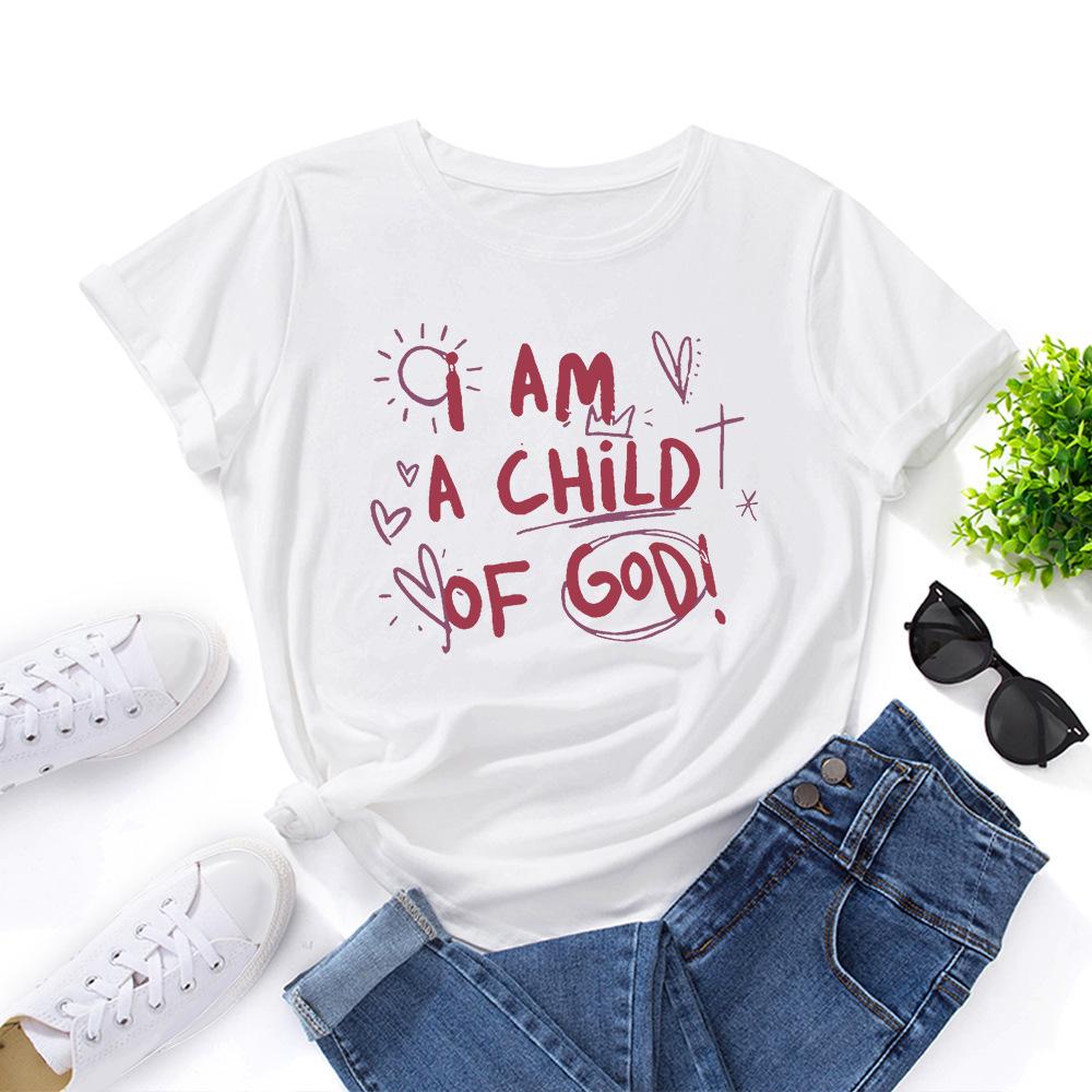 A Child of God Alphabet Cotton T-Shirt Short Sleeve Round Neck Women 2d Print Tops