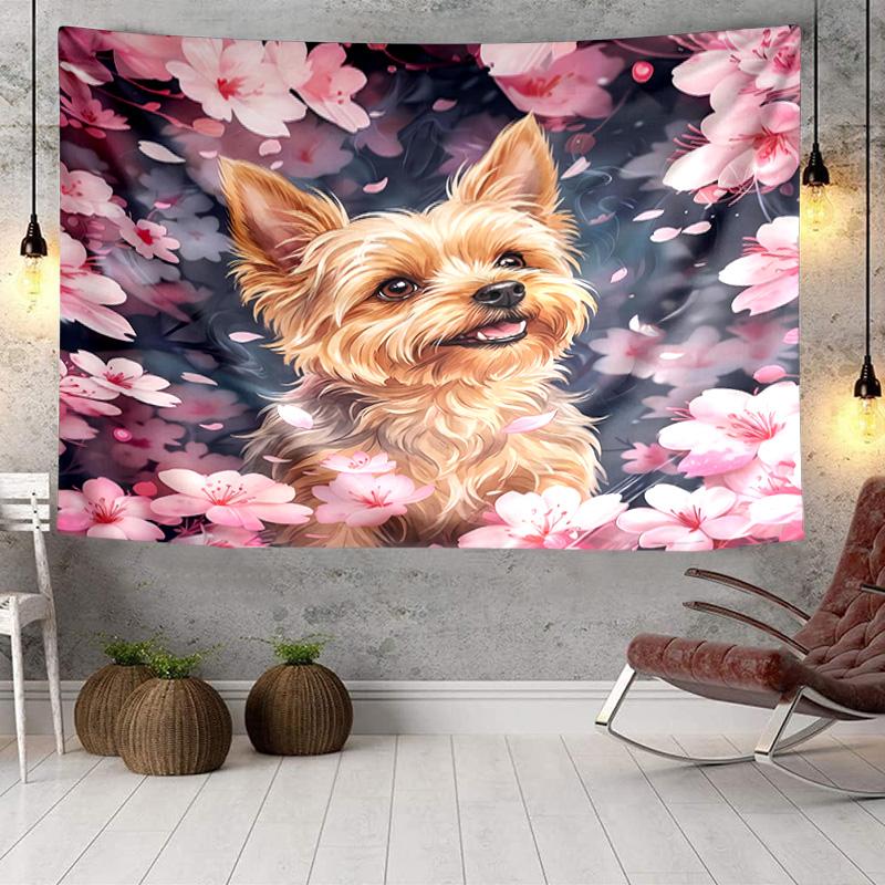 Cherry Blossom Yorkie Tapestry Room Decoration Wall Hanging for Living Room Bedroom, dormitory, Birthday and Christmas gifts