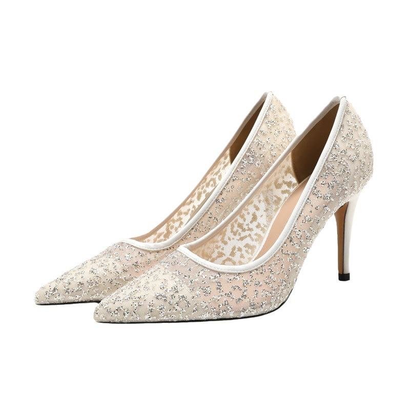 

Crystal High Heels Banquet Wedding Dress Sequins Embroidered Lace Bridal Shoes Handmade Wedding Points Party Bridesmaids Women s Shoes 43