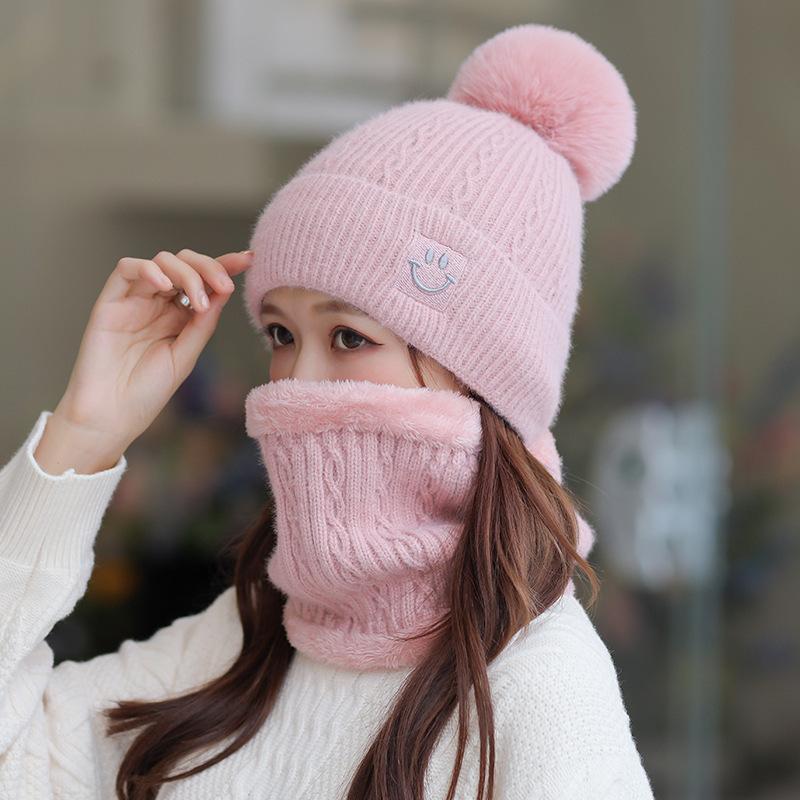 New Wool Ball Knitted Hat Women's Autumn and Winter Fashion Versatile Thickened Warm Hat Embroidered Smiling Face Wool Hat