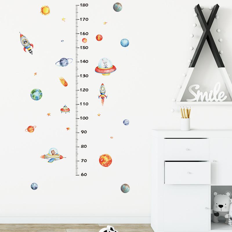 Space Rocket Growth Chart Wall Stickers, Cartoon Planets Height Measure Decal for Kids Room Nursery Decor
