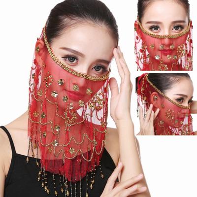 Performance Veil Flower Sequins Beads Decor See-through Lace Belly Dance Tribal Face Veil Breathable Fabric Strap Indian Dance Veil Costume Accessory