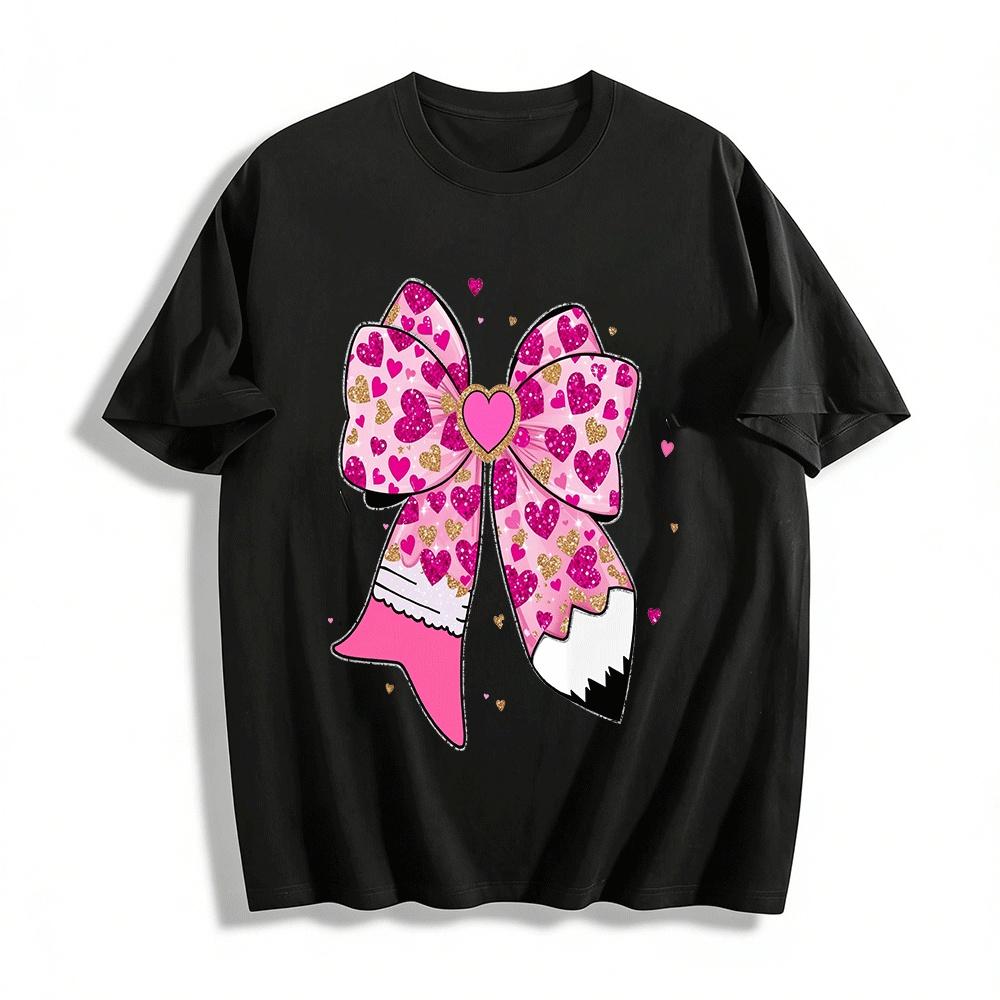 Glitter Heart Bow Pencil Print Casual Top For Adults Kids Pure cotton T-shirt XXS