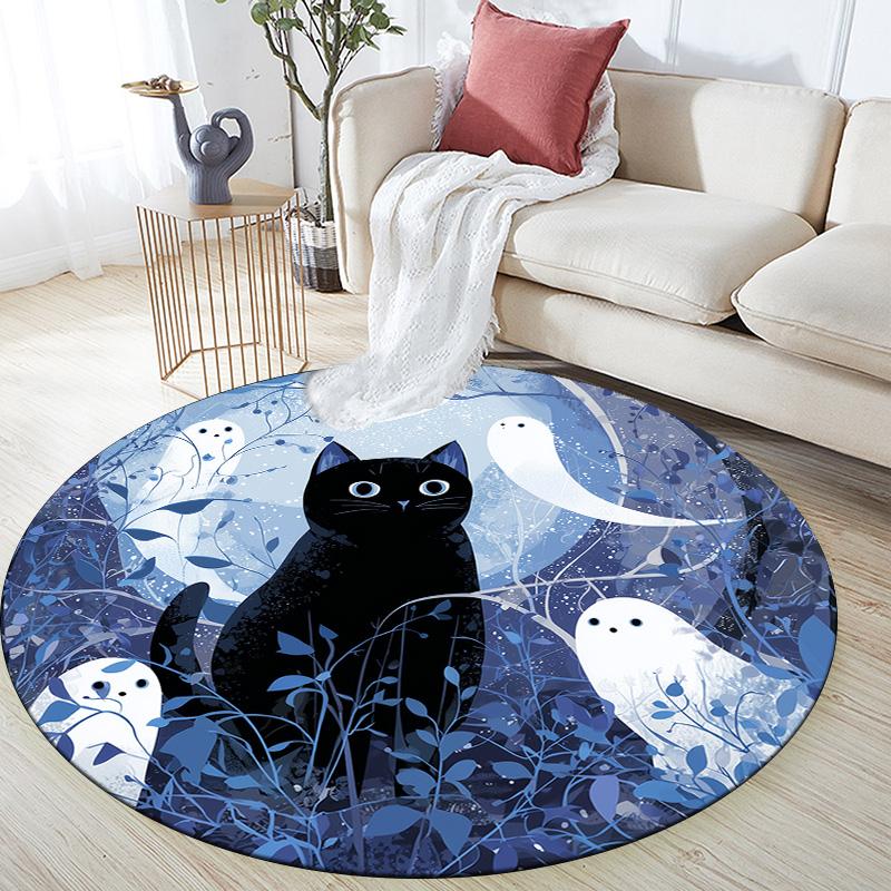 Night Cat Round Area Rug,Carpet Rug for Living Room Bedroom Sofa Playroom Decor,Non-slip Floor Mat