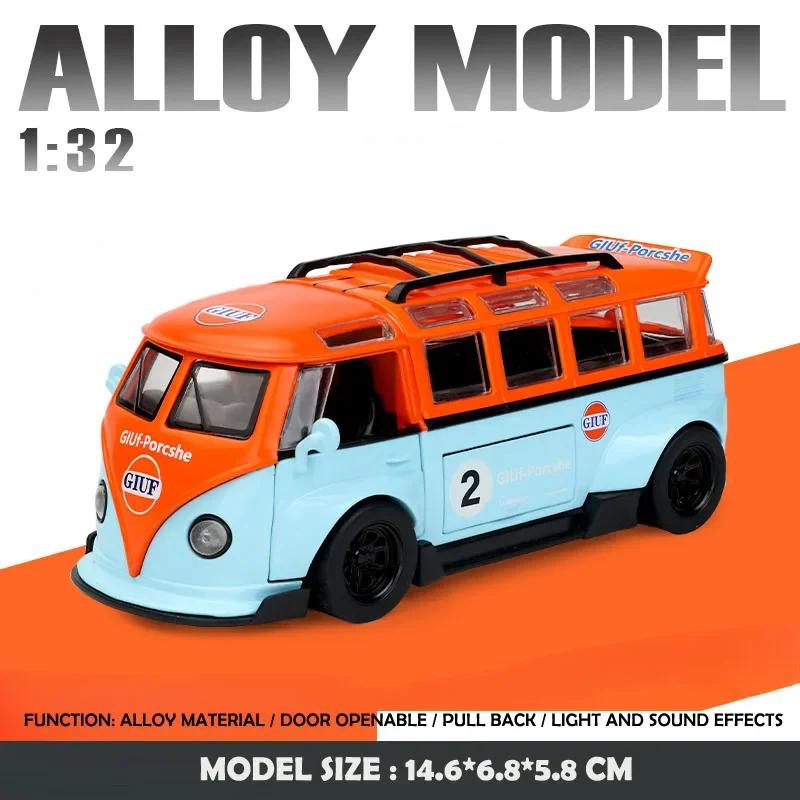ABBY1 1:32 T1 Bus Modell Sound Licht Kinder Junge Diecast Spielzeugfahrzeug Kollektives Heimdekor Metall Miniatur Auto