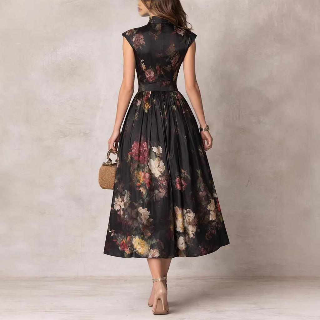 Black Floral Print Sleeveless Cheongsam Dress with High Collar and Side Slit