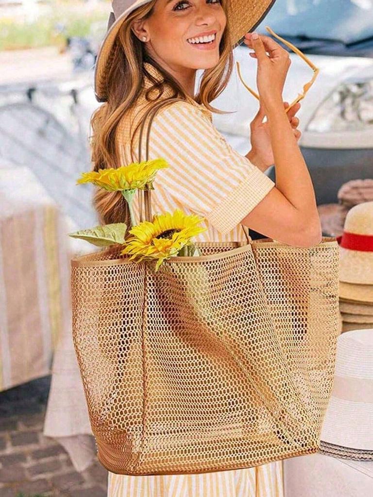 1pc Mesh Tote Bag, Cosmetic Bag, Casual Handbag, Foldable Women's Shoulder Bag For Picnic, Waterproof, Foldable, Essential Bag