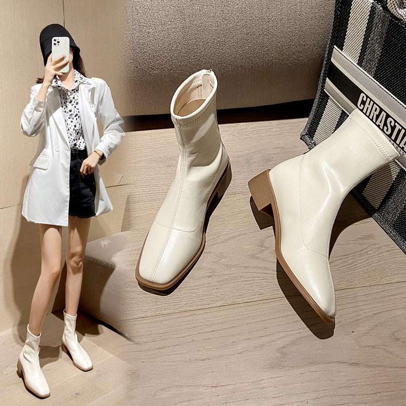2024 Autumn/Winter Women's Elastic Slimming Chunky Heel Ankle Boots with Square Toe & Back Zipper