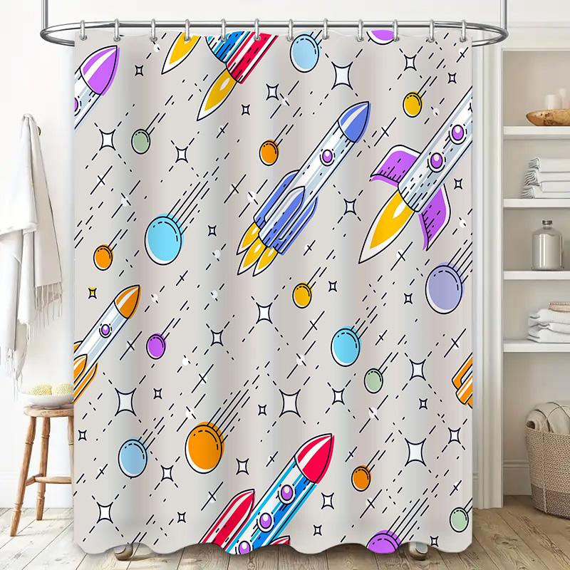 Space-themed Shower Curtain with Rockets Modern Bathroom Decor for Kids' Room or Nursery!