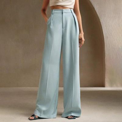 Women Pants High Waist Button Zipper Closure Straight Wide Leg Long Trousers