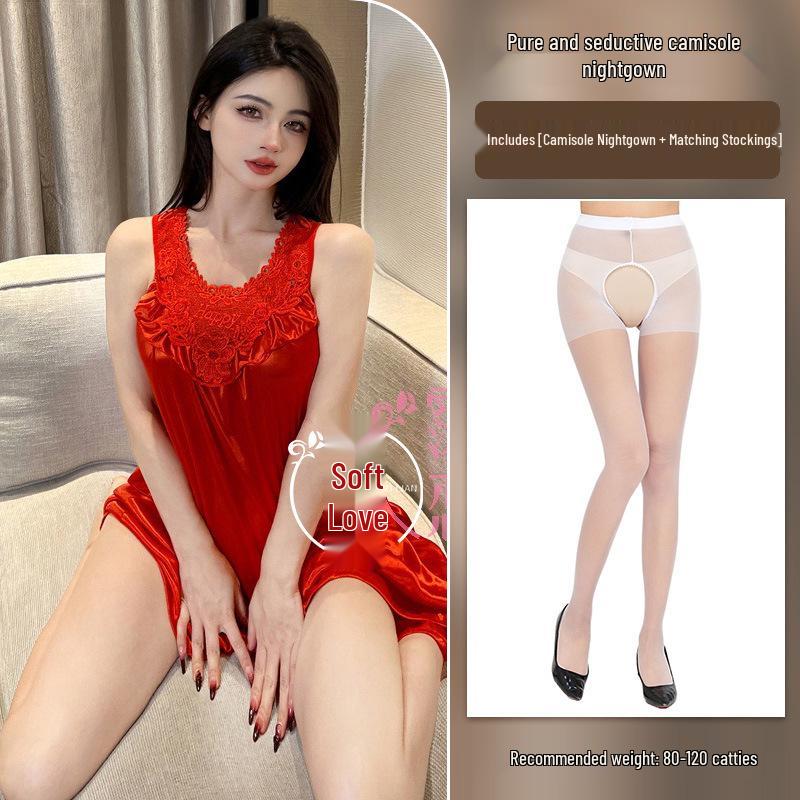 Cămașă de noapte Milian Mărimi Mari din Dantelă - Lenjerie de Noapte Coreeană fără Mâneci