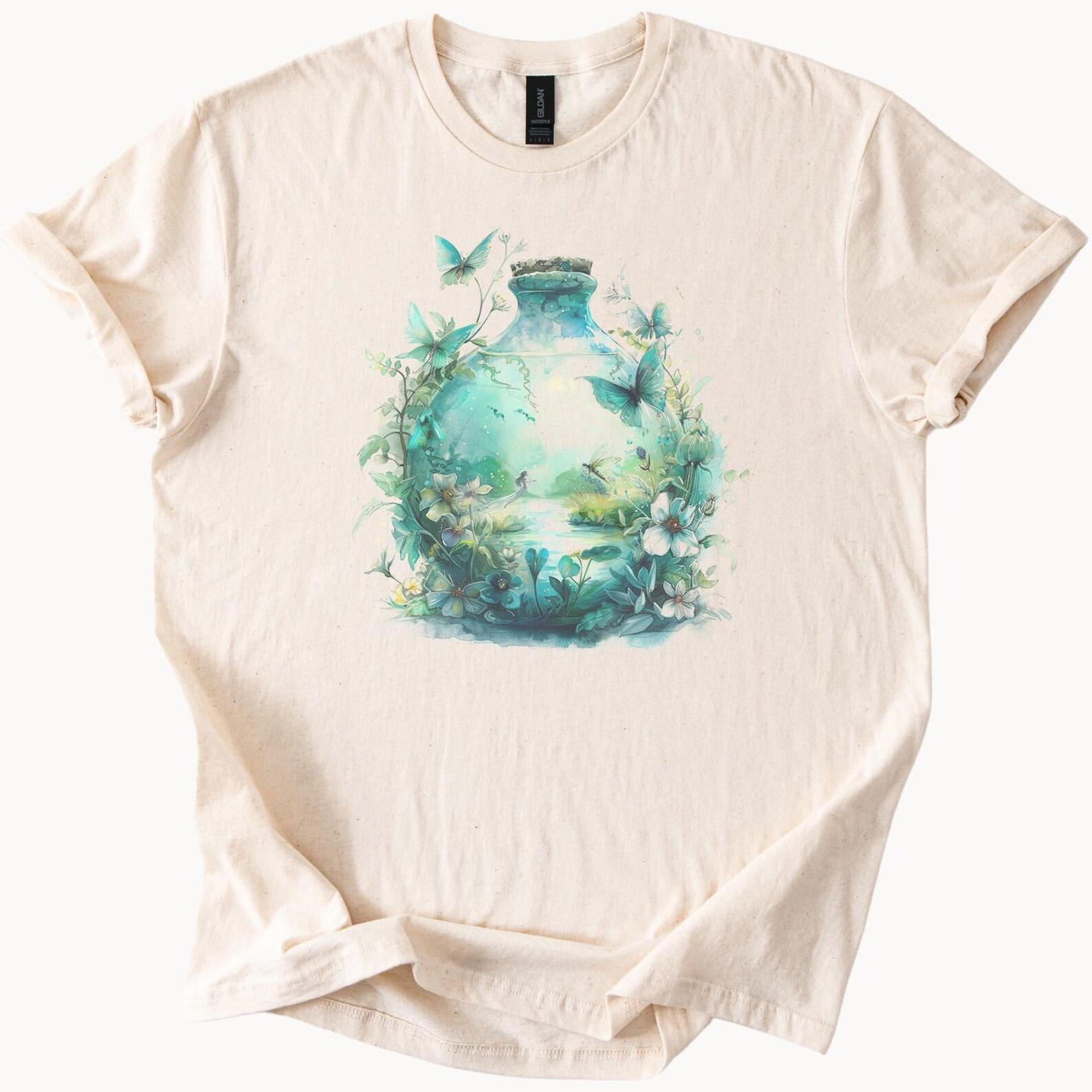 Nature Terrarium Graphic T Shirt Botanical Garden Scene with Butterflies and Flowers Fantasy Art Tee Nature Lover Gift 130