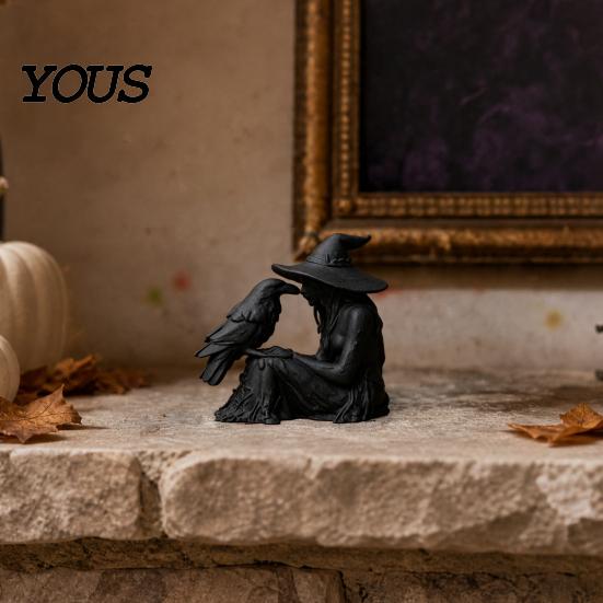 Stable Base Witch Ornament 3D Printed Ornament, with Matte Black Figurine, Frosted Paint Gothic Style Resin Sculpture for Halloween Party