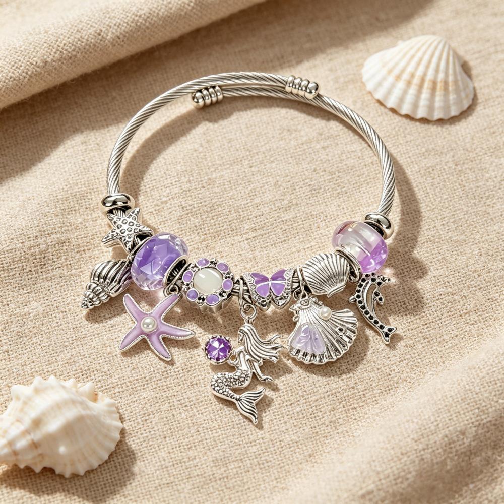 Fanhua Jewelry Tiktok Hot Selling Waterproof Stainless Steel Gold Plated Ocean Mermaid Dolphin Starfish Shell Bracelet