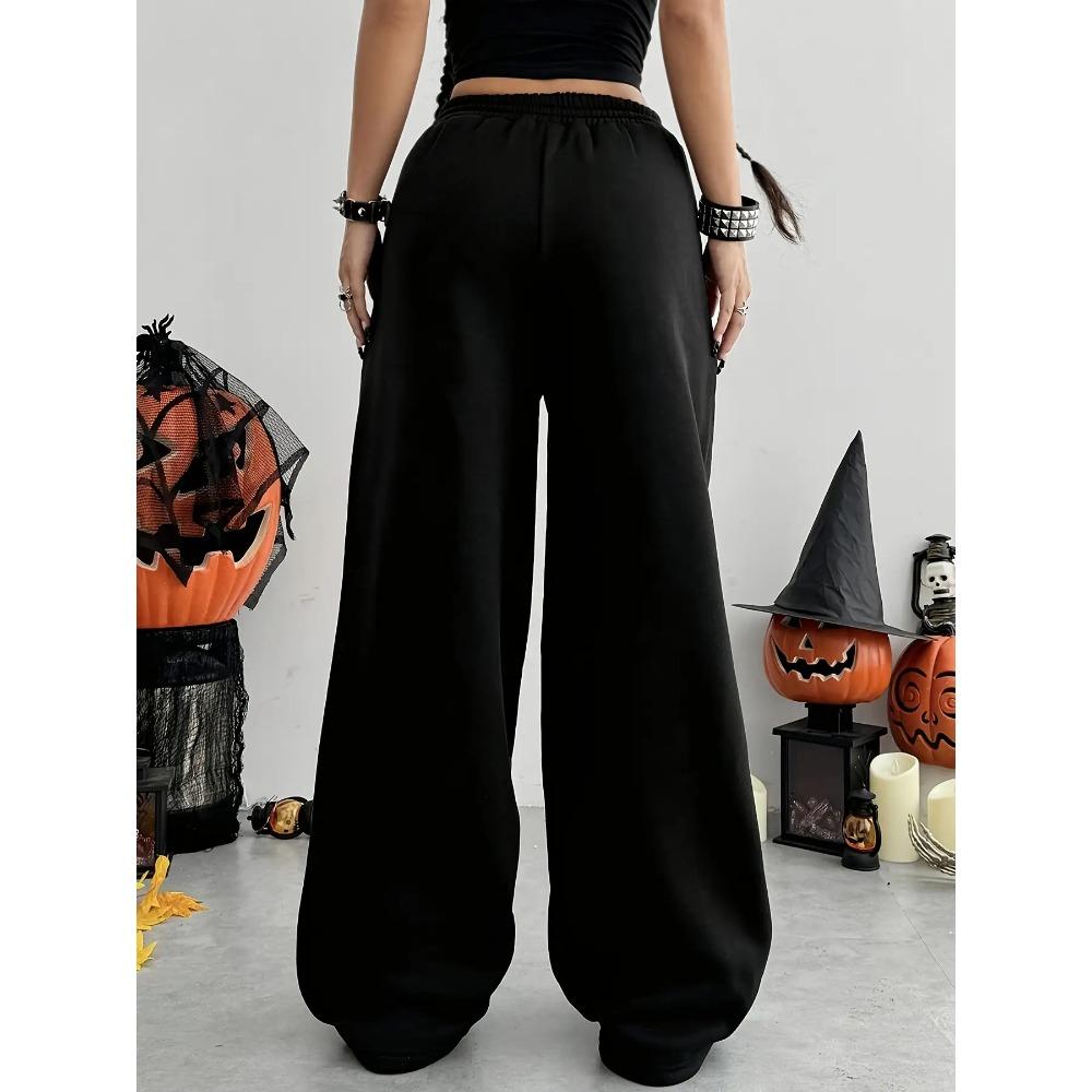 Women's Y2K Decorative Running Pants - Wide Legs, High Waist Shining Design, Black Street Style Casual Theme Event