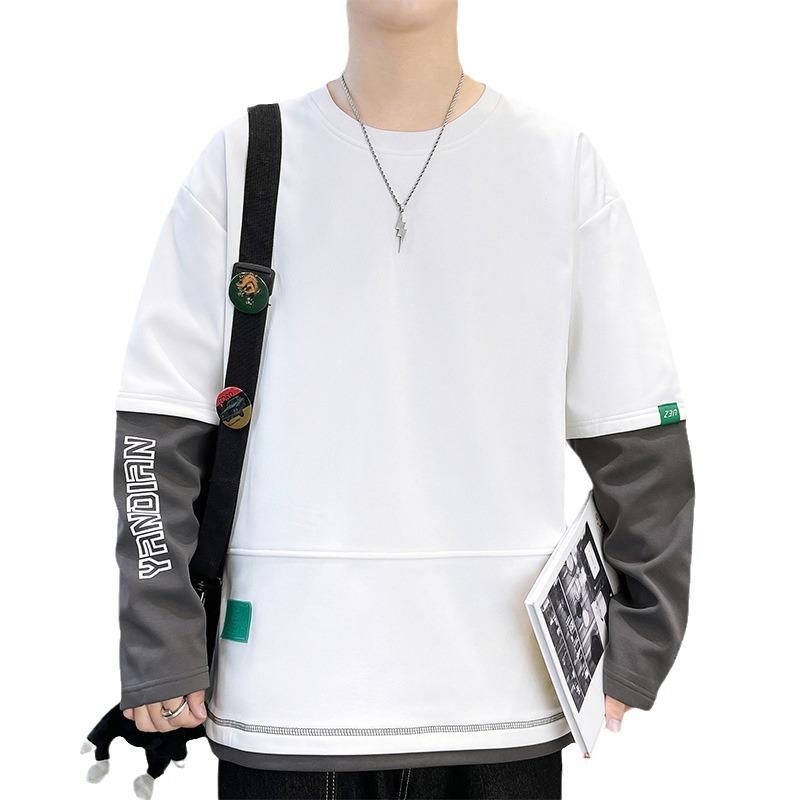 Men's Round Neck Sweatshirt Spring and Autumn New Japanese Trendy Loose Casual Tops Versatile Solid Color Plus Size Teenagers