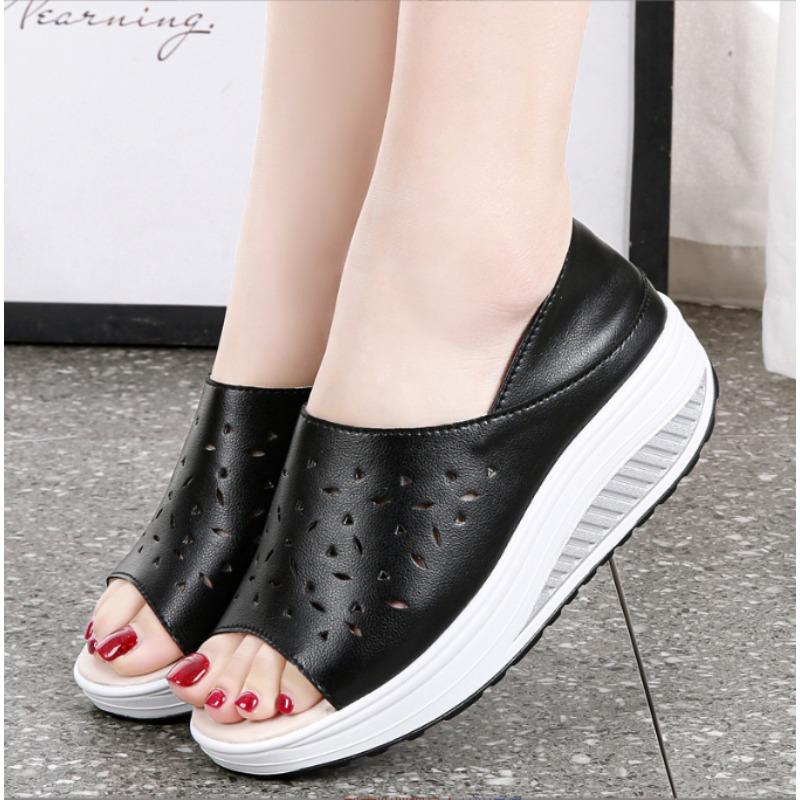Genuine Leather Women's Sandals 2024 Summer New Platform Wedges Ladies Shoes Hollow Out Breathable Women Sandals Slippers