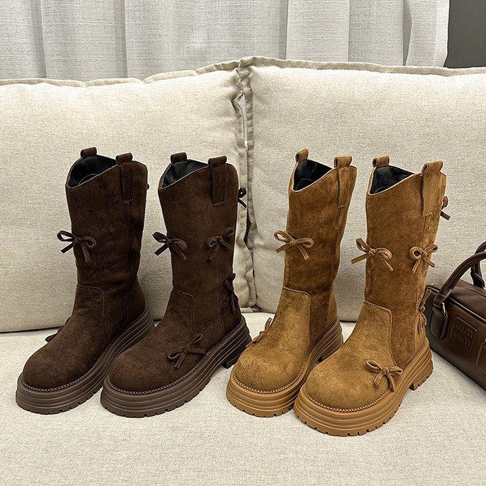 Retro Leather Bow Western Boots Women's 2025 Autumn New V-mouth Thick-soled Heightening Casual Versatile Stacking Boots