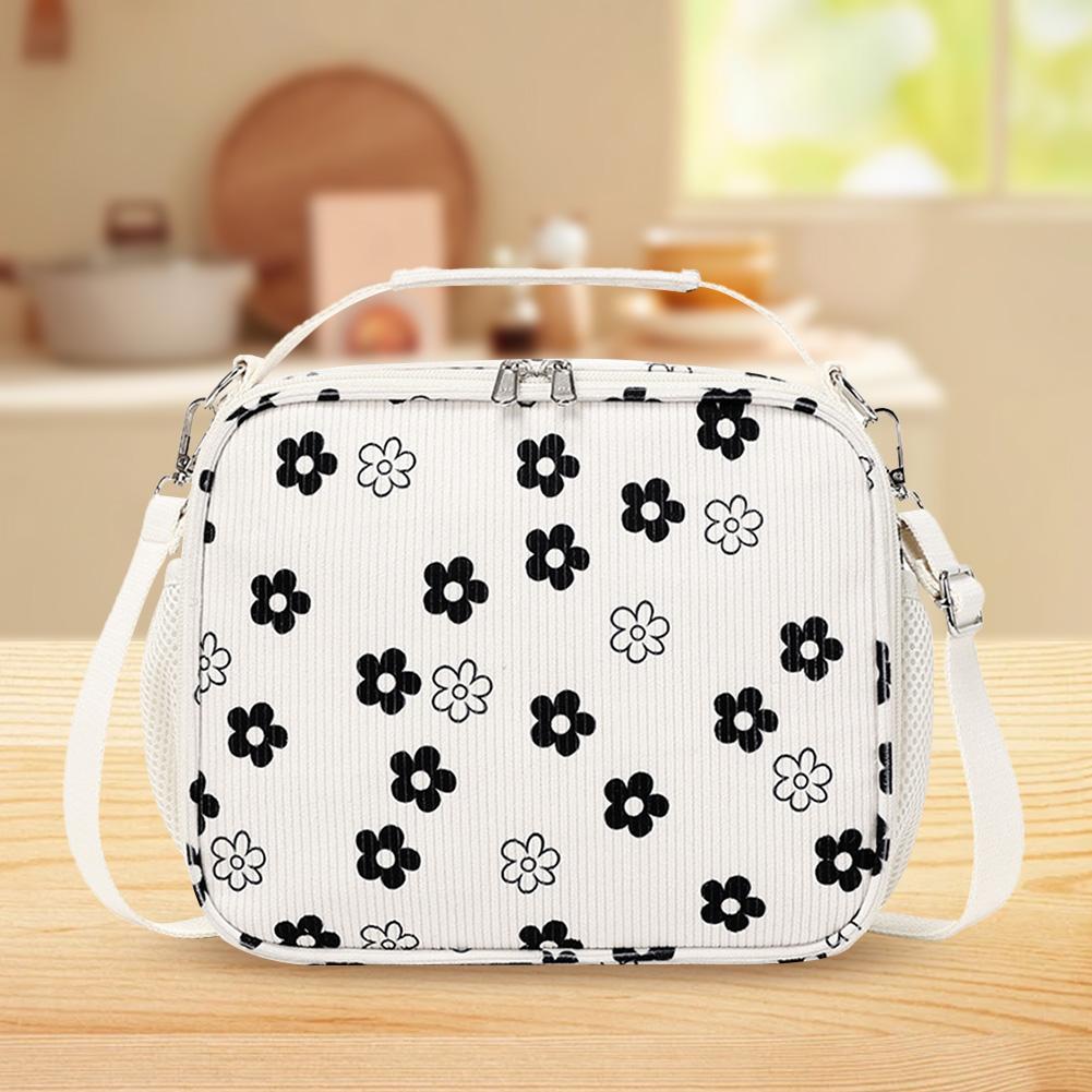 Corduroy Insulated Lunch Bags Large Picnic Food Pouch Floral Printed Insulation Lunch Box for Picnic  Work Travel
