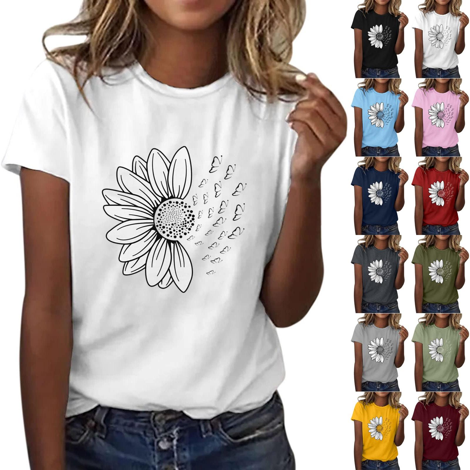 

Women s Casual Floral Print Short Sleeved T-shirt With Round Neck Top S жовтий