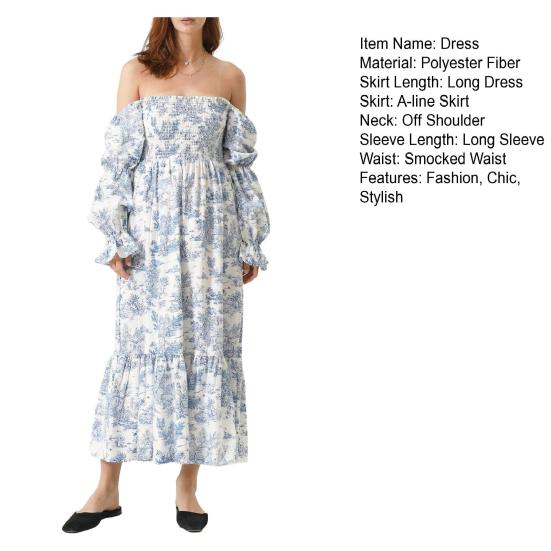 Damen schulterfreies Maxikleid lange Puffärmel eckiger Ausschnitt Boho fließendes Kleid Blumendruck gesmokte Taille langes Kleid