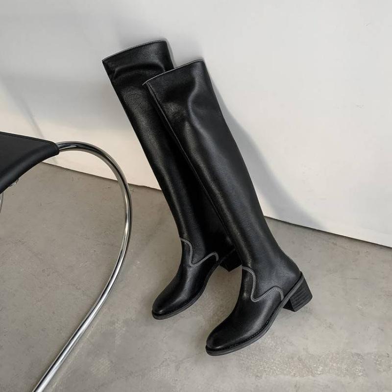 Autumn and Winter Women's Leather Boots Round Head Versatile Large Size Women's Boots Middle Heel Sleeve Square Heel Cowhide New Leather High Boots